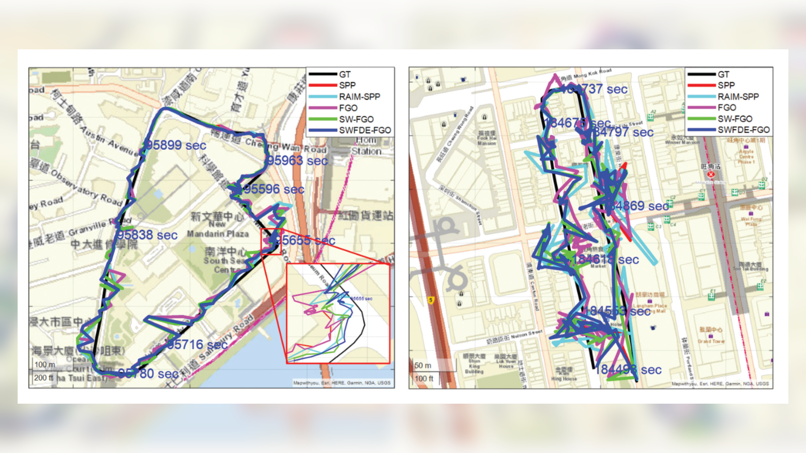 UrbanNav trajectory comparisons under integrity-constrained factor graph optimization.